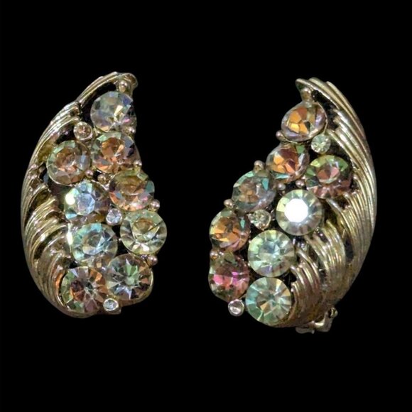 Vintage Lisner Gold Clip-On Earrings Aurora Borealis Rhinestones Curved Shape - Picture 1 of 6
